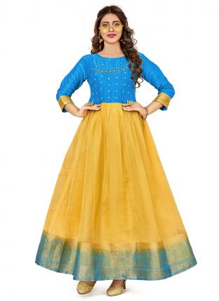 Yellow Pure Organza Traditional Wear Hand Work Gown
