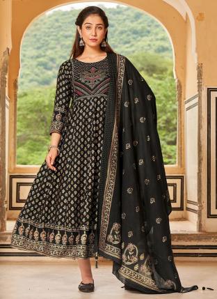 Black Rayon Festival Wear Foil Printed Gown With Dupatta