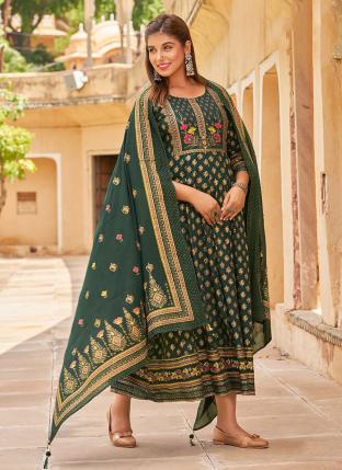 Bottle green  Rayon Festival Wear Foil Printed Gown With Dupatta