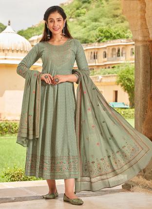 Light Green Rayon Festival Wear Foil Printed Gown With Dupatta