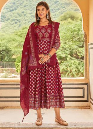 Maroon Rayon Festival Wear Foil Printed Gown With Dupatta