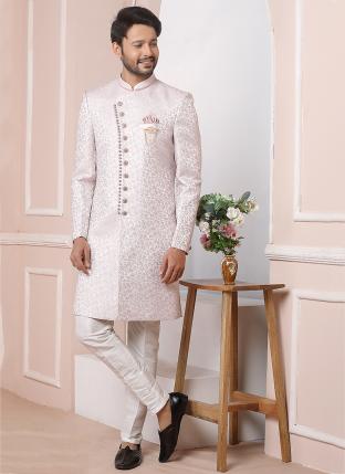 Onion pink Imported jaquard silk Wedding Wear Weaving Aligadhi pant Indo Western