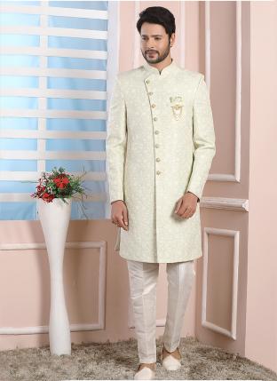 Pista green Imported jaquard silk Wedding Wear Weaving Aligadhi pant Indo Western