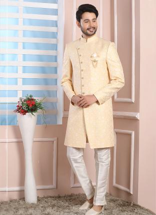 Yellow Imported jaquard silk Wedding Wear Weaving Aligadhi pant Indo Western