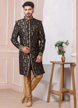 Black Jaquard silk Wedding Wear Weaving Aligadhi pant Indo Western