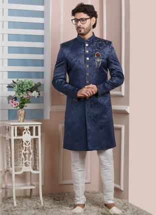Blue Imported jaquard silk Wedding Wear Weaving Aligadhi pant Indo Western