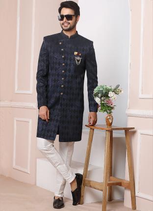 Blue Valvet jaquard silk Wedding Wear Weaving Aligadhi pant Indo Western