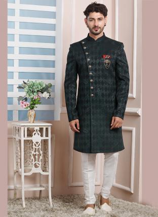 Dark green Valvet jaquard silk Wedding Wear Weaving Aligadhi pant Indo Western