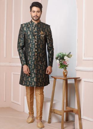 Green Jaquard silk Wedding Wear Weaving Aligadhi pant Indo Western