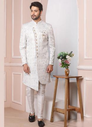 Off white gray Imported jaquard silk Wedding Wear Weaving Aligadhi pant Indo Western