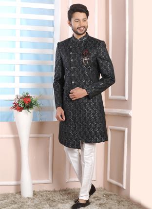 Grey black Imported jaquard silk Wedding Wear Weaving Aligadhi pant Indo Western