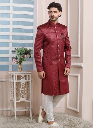 Maroon Imported jaquard silk Wedding Wear Weaving Aligadhi pant Indo Western