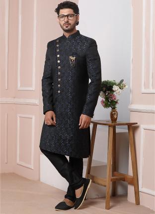 Navy blue Imported jaquard silk Wedding Wear Weaving Chudidar Indo Western