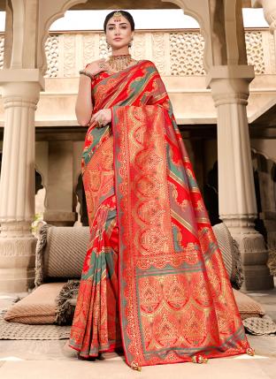Hot Red Silk Reception Wear Weaving Saree