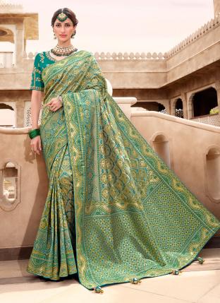 Pista green Silk Reception Wear Weaving Saree
