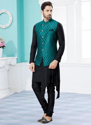 Black Silk Dupion Traditional Wear Weaving Kurta Pajama With Jacket