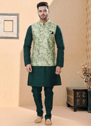 Bottle Green Silk Dupion Traditional Wear Weaving Kurta Pajama With Jacket