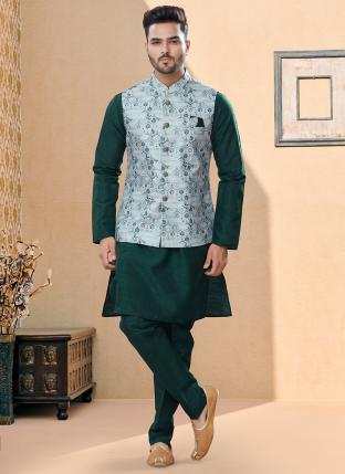 Bottle Green Silk Dupion Traditional Wear Weaving Kurta Pajama With Jacket