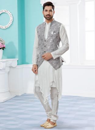 Off White Silk Dupion Traditional Wear Weaving Kurta Pajama With Jacket