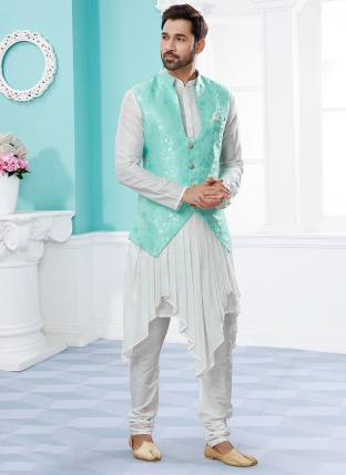 Off White Silk Dupion Traditional Wear Weaving Kurta Pajama With Jacket