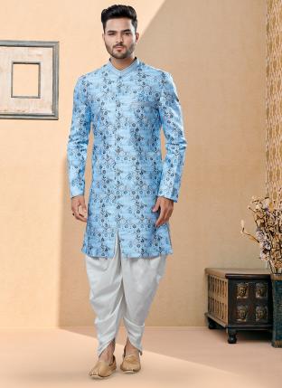 Blue Gray mix Jackard Digital printed With Thred work Wedding Wear Fancy Dhoti Sherwani