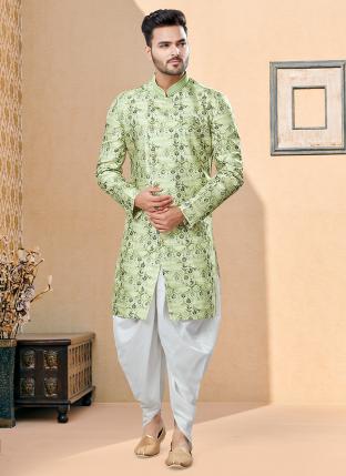 Green Gray mix Jackard Digital printed With Thred work Wedding Wear Fancy Dhoti Sherwani