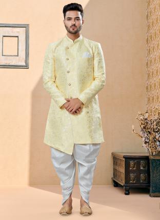Lemon Yellow Havy Banarasi Jackard with Thred work Wedding Wear Fancy Dhoti Sherwani