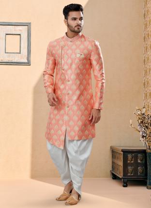 Pink Cream Havy Banarasi Jackard with Stone and Thred Zari work Wedding Wear Fancy Dhoti Sherwani