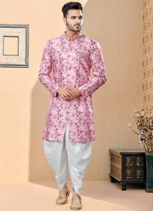 Pink Multy Colour Jackard Digital printed With Thred work Wedding Wear Fancy Dhoti Sherwani