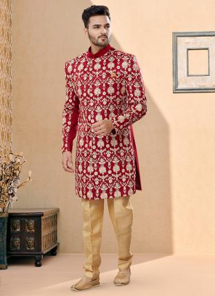 Maroon Velwet Fabric with full thred computer amrodery Wedding Wear Fancy Churidar Sherwani