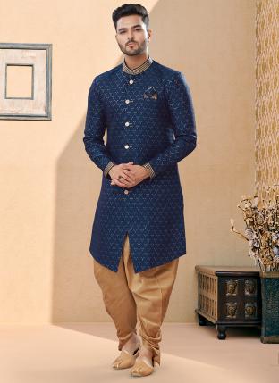 Nevy Blue Jackard Digital printed With Thred work Wedding Wear Fancy Dhoti Sherwani