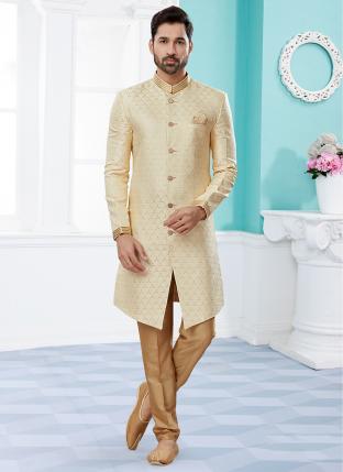 Gold Havy Banarasi Jackard with Thred Zari work Wedding Wear Fancy Churidar Sherwani