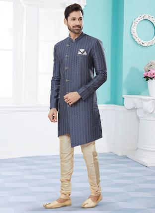 Gray to Blue Havy Zari Jackard with thred work Wedding Wear Fancy Churidar Sherwani