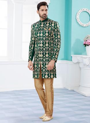 Green  Velwet Fabric with full thred computer amrodery Wedding Wear Fancy Churidar Sherwani