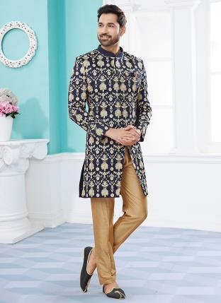 Nevy Blue Velwet Fabric with full thred computer amrodery Wedding Wear Fancy Churidar Sherwani