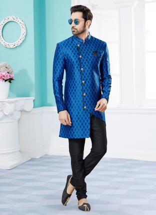Blue Black Havy Banarasi Jackard  Wedding Wear Fancy Dhoti Sherwani