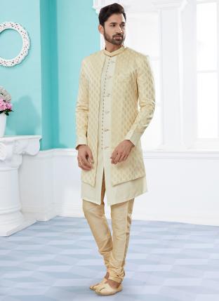 Cream Havy Banarasi Jackard with Stone and Thred Zari work Wedding Wear Fancy Churidar Sherwani