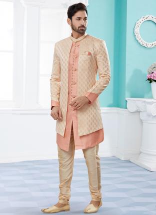 Cream Pink Havy Banarasi Jackard with Stone and Thred Zari work Wedding Wear Fancy Churidar Sherwani
