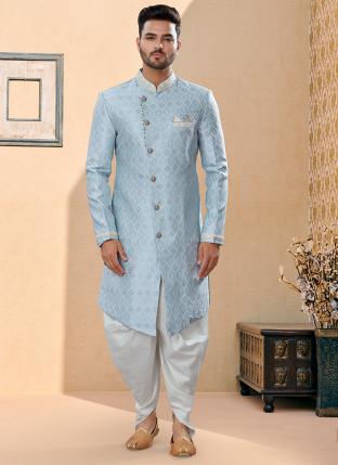 Sky Blue Havy Banarasi Jackard with Thred Zari work  Colour work Wedding Wear Fancy Dhoti Sherwani