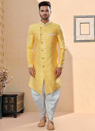 Yellow Havy Banarasi Jackard with Thred Zari work  Colour work Wedding Wear Fancy Dhoti Sherwani