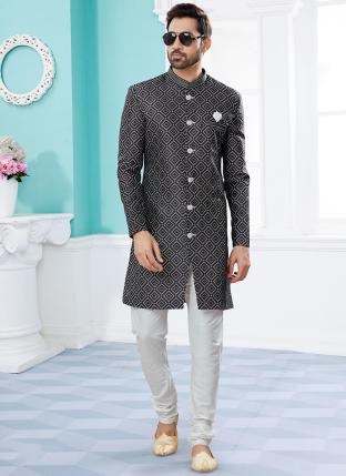 Black Jackard Digital printed With Thred work Wedding Wear Fancy Dhoti Sherwani