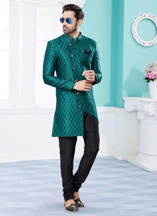 Green Black Havy Banarasi Jackard  Wedding Wear Fancy Dhoti Sherwani