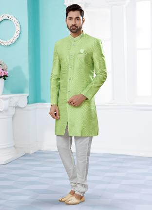 Green Jackard Digital printed With Thred work Wedding Wear Fancy Dhoti Sherwani
