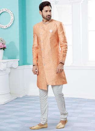 Peach  colour Jackard Digital printed With Thred work Wedding Wear Fancy Dhoti Sherwani