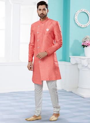 Red Peach Jackard Digital printed With Thred work Wedding Wear Fancy Dhoti Sherwani