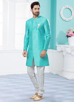 Sea Blue Jackard Digital printed With Thred work Wedding Wear Fancy Dhoti Sherwani