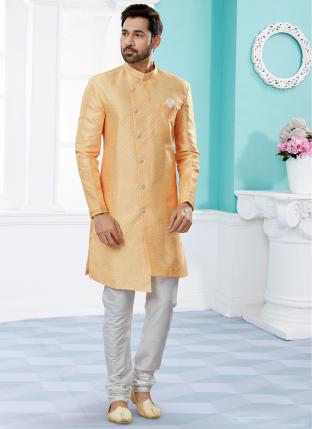Yellow Jackard Digital printed With Thred work Wedding Wear Fancy Dhoti Sherwani