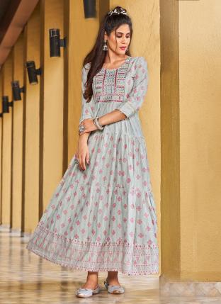 Grey Cotton Casual Wear Embroidery Work Gown