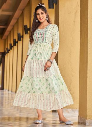 Off White Cotton Casual Wear Embroidery Work Gown
