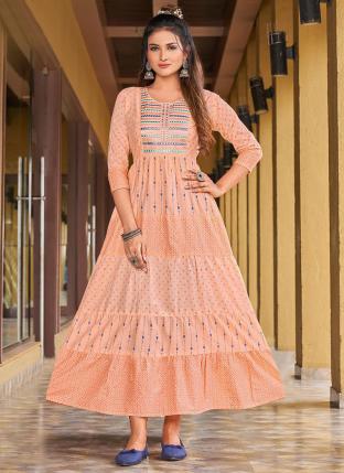 Peach Cotton Casual Wear Embroidery Work Gown